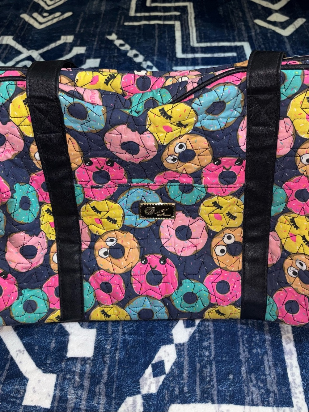 Betsey Johnson Multi-Color Donut Print Quilted Duffel Bag- Pink Blue Yellow Teal